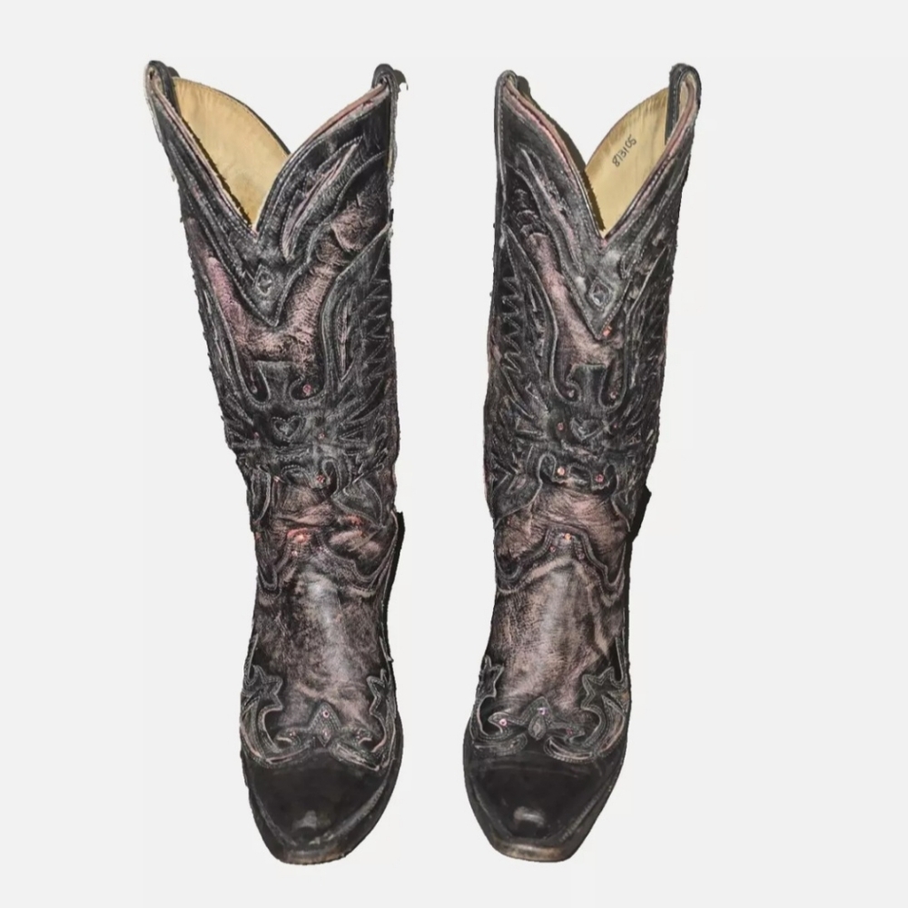 Corral Pink Black Eagle Snip Toe Distressed Cowboy Boots